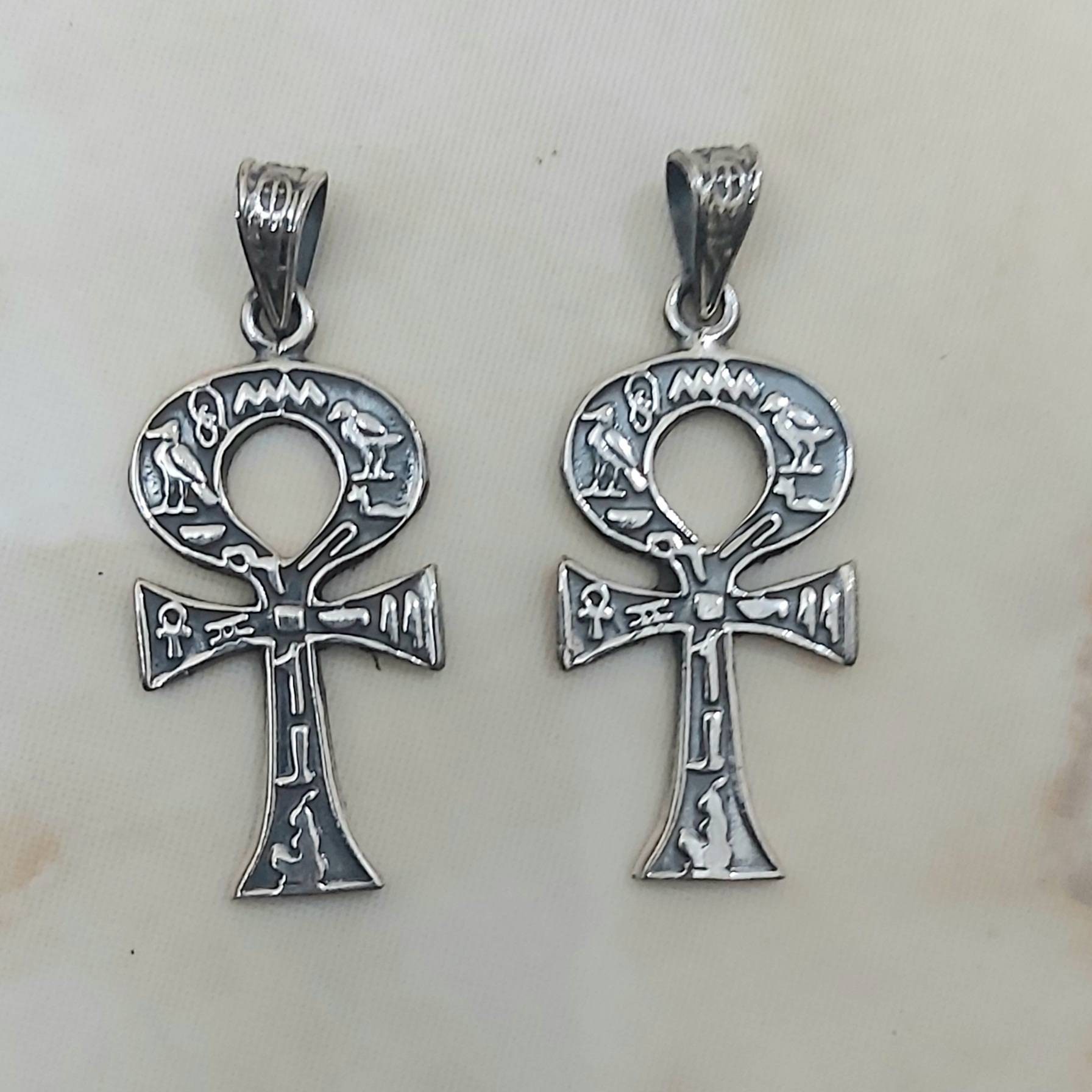 Handmade Egyptian Sterling Silver 925  Oxidized Hierogliphic Ankh - Thumbnail 5