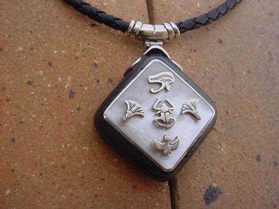 Egyptian Handmade Silver Necklace with Ebony and seashell in Hieroglyphic Symbols