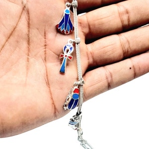 Handmade Egyptian Silver 925  Lotus,Nefertiti,Ankh,Scarab Bracelet,Silver 925 Pharaonic Bracelet.Dangling Pharaonic Charms Bracelet.