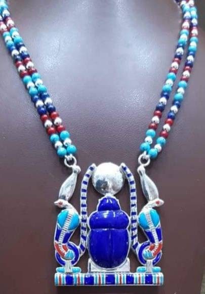 Egyptian Hand made Silver Scarab Necklace with Dual Cobra. - Image 1
