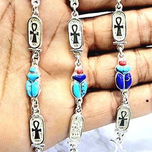 Handmade Egyptian Sterling Silver 925 Cartouche with Scarab Bracelet With Natural Gemstones,Unisex Scarab Bracelet,Beetle Silver Bracelet.
