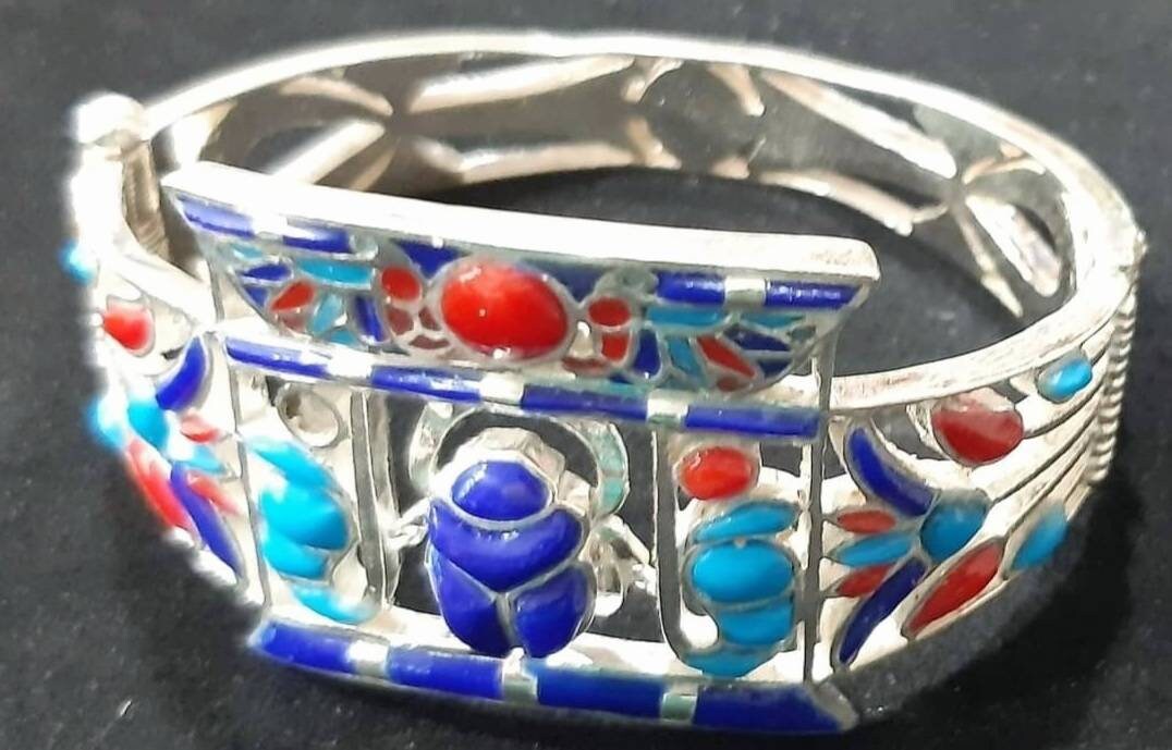 Handmade Silver 925 Scarab Bracelet with Double Sided King Cobra With Natural Gemstones - Thumbnail 4