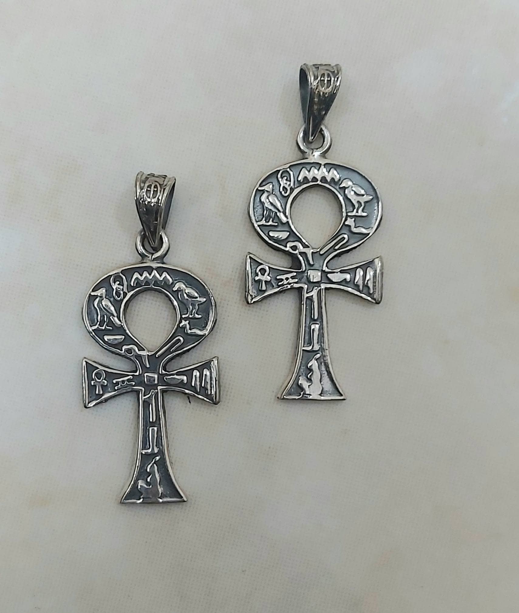 Handmade Egyptian Sterling Silver 925  Oxidized Hierogliphic Ankh - Thumbnail 3