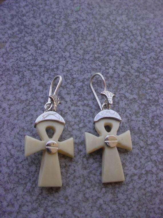 Egyptian Key of life Earring Witg Lotus made of silver 925 And Ivory - Thumbnail 3