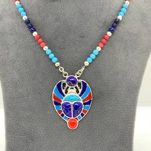 Egyptian Handmade Sterling Silver Winged Scarab Necklace With the Sun Desk,Beetle Khepri Necklace.