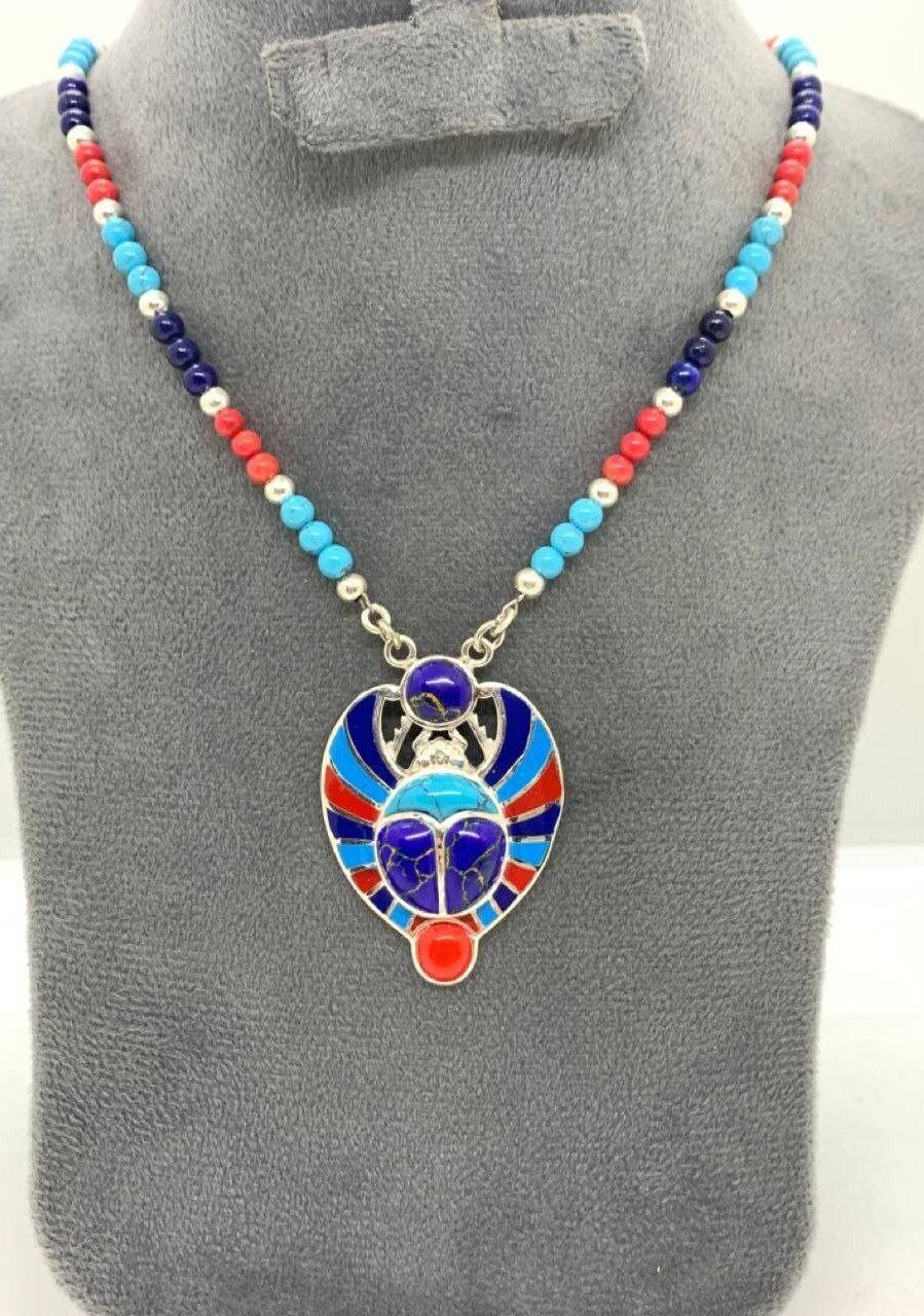 Egyptian Handmade Sterling Silver Winged Scarab Holding the Sun