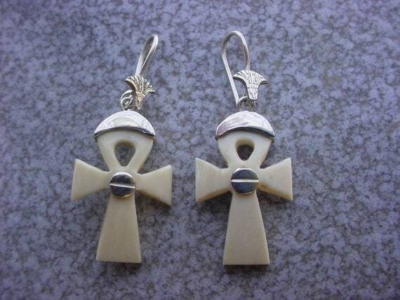 Egyptian Key of life Earring Witg Lotus made of silver 925 And Ivory