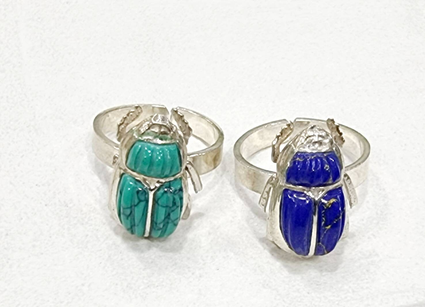 Handmade Egyptian 925 Silver Scarab Ring With Gemstones - Thumbnail 5