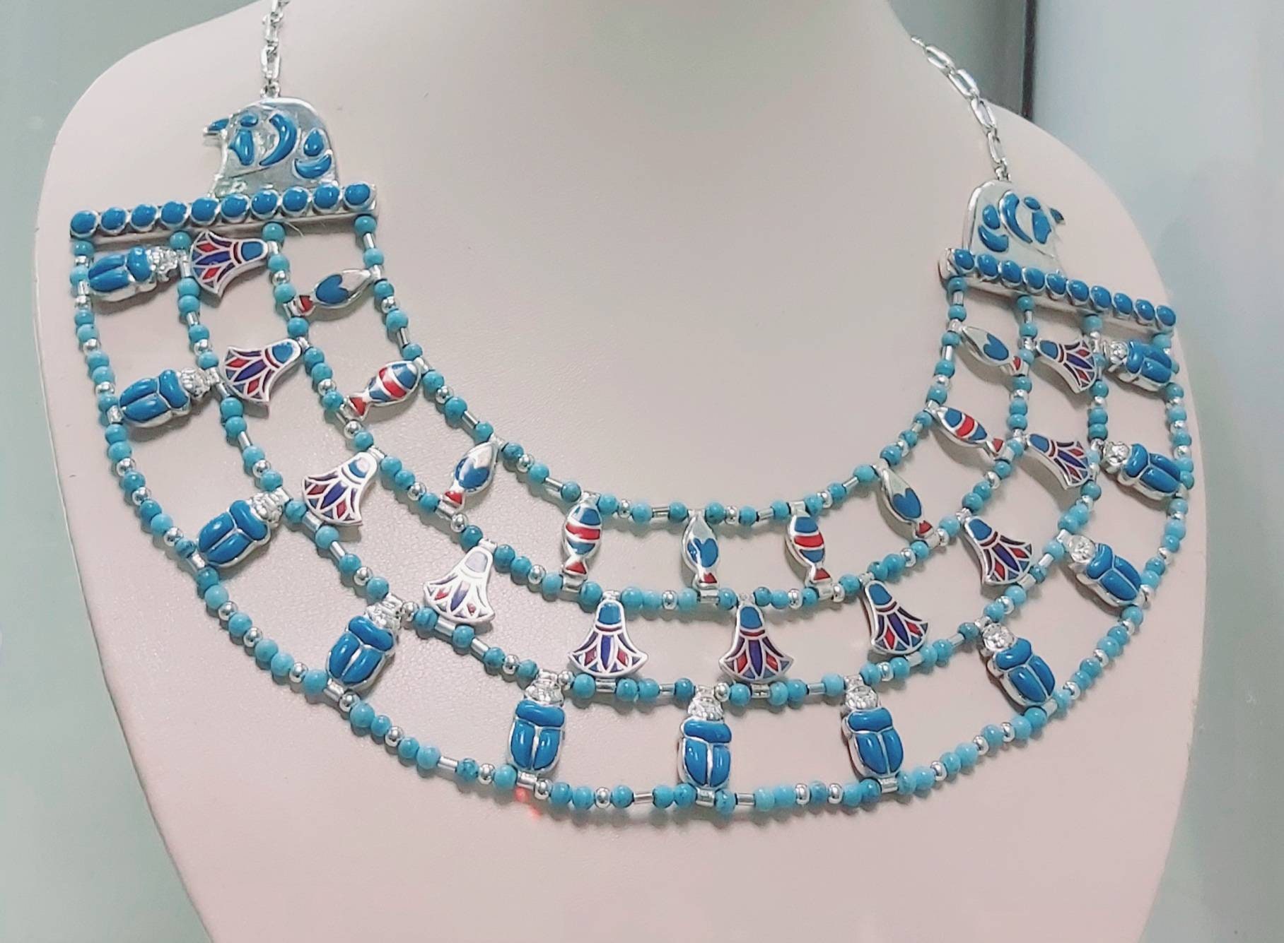 Handmade Egyptian Sterling Silver 925 Nefertiti Main Necklace With Natural Gemstones - Thumbnail 4