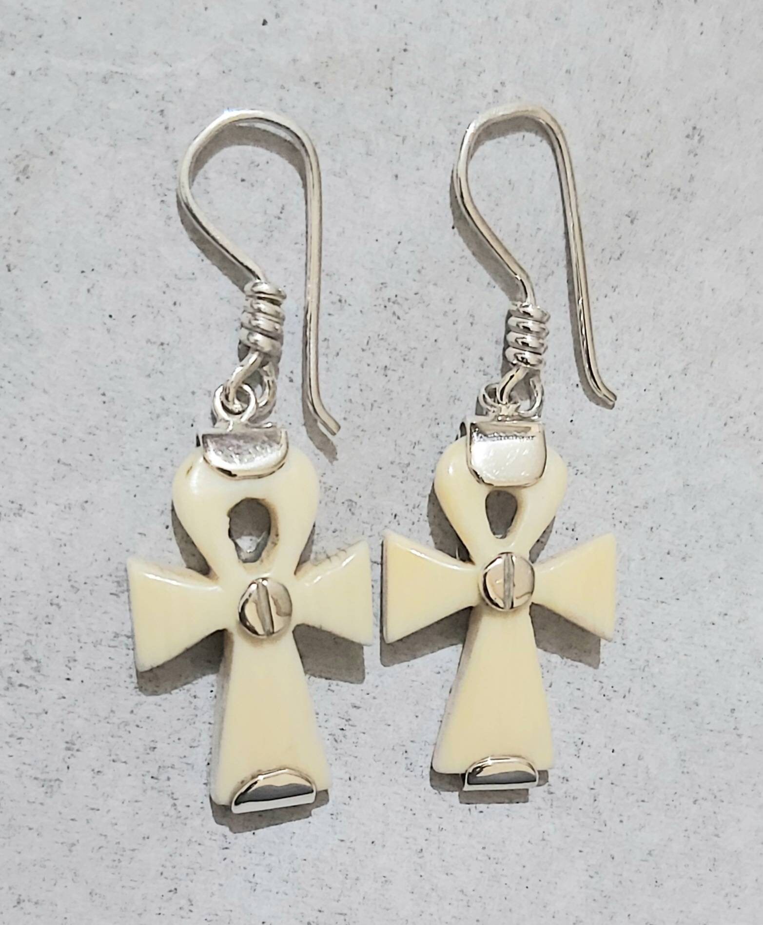 Egyptian Key of life Earring Witg Lotus made of silver 925 And Ivory - Thumbnail 2