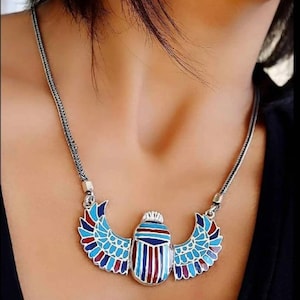 Handmade Egyptian Silver 925 Winged Scarab with Gemstones,Winged Beetle Khepri Necklace With Gemstones.Pectoral of tutankhamon