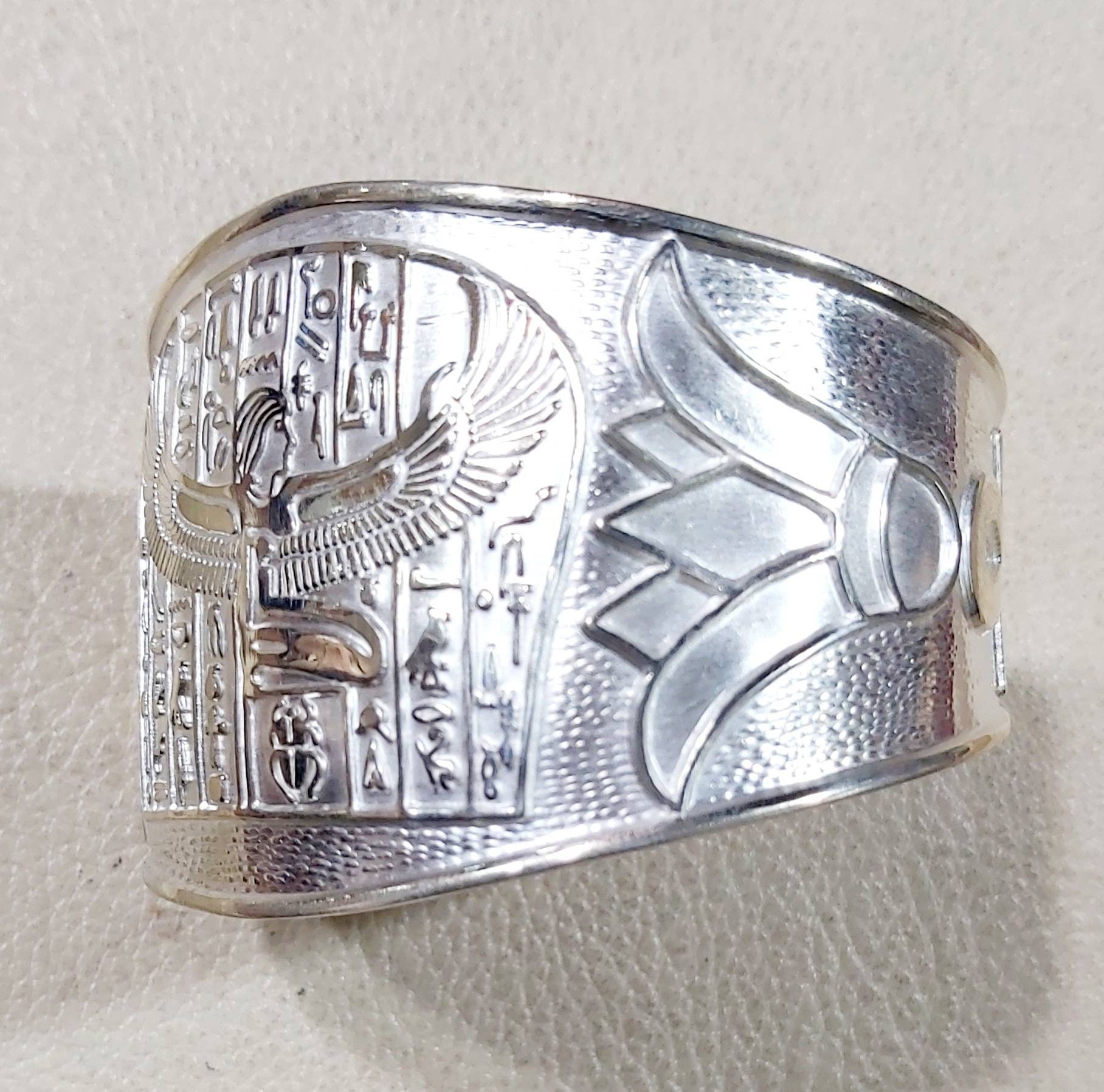 Egyptian Handmade Sterling Silver 925 Winged Isis Cuff  Bracelet - Thumbnail 3