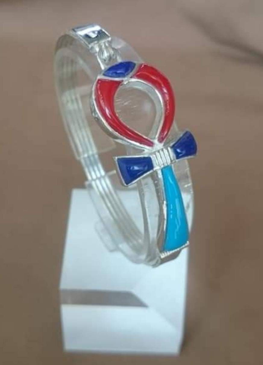 Handmade Egyptian Sterling Silver 925 Ankh Bracelet With Natural Gemstone - Thumbnail 2