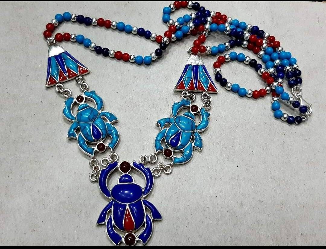 Egyptian Handmade Sterling Silver 925 Scarab Necklace With Gemstone