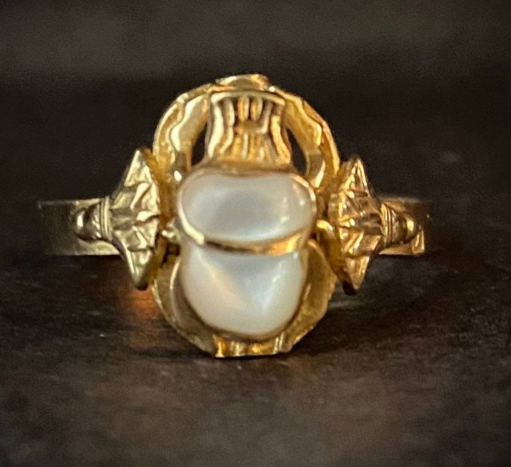 Handmade Egyptian 18K Scarab Ring With Gemstone - Image 1
