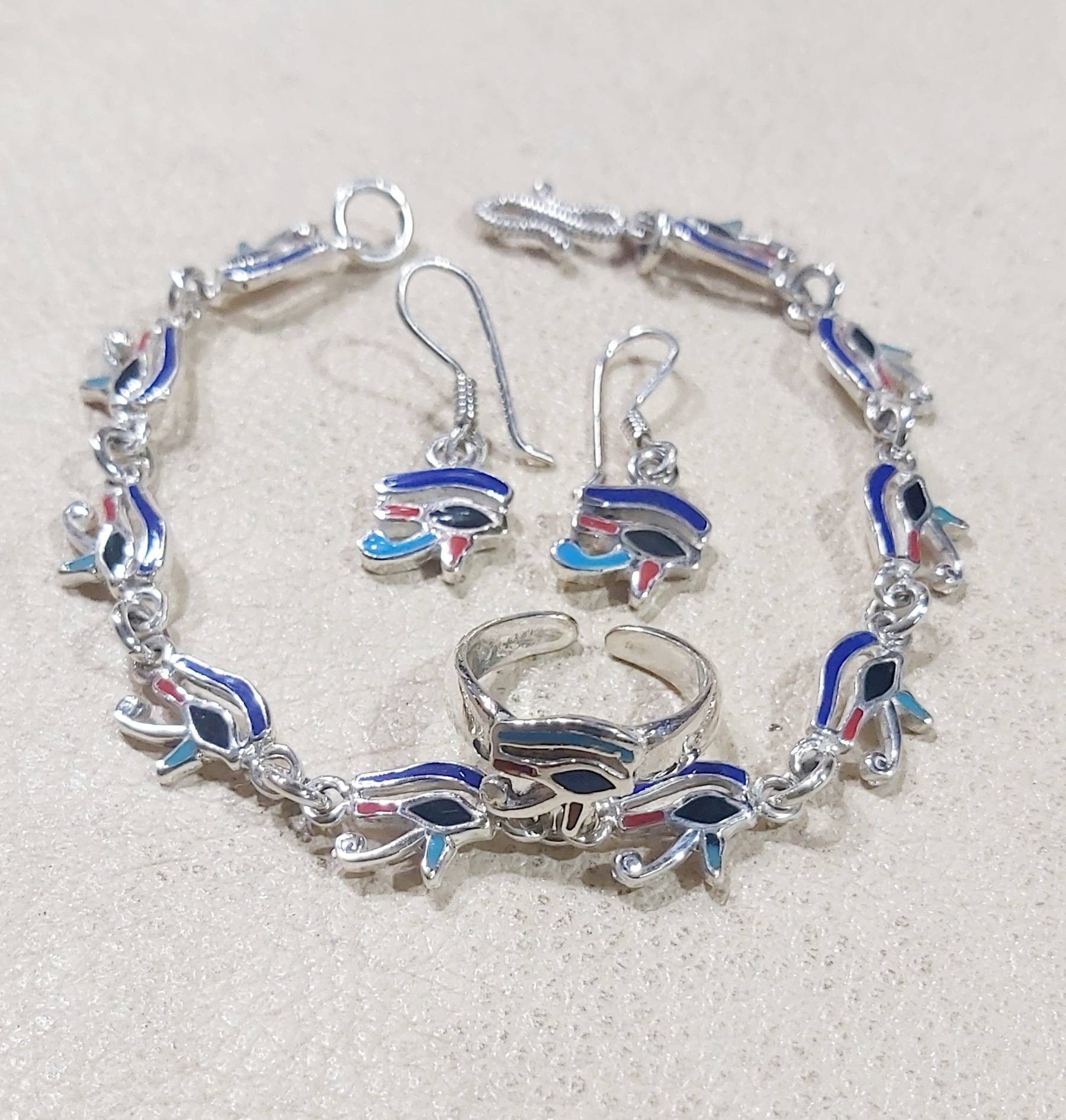 Egyptian Handmade Sterling Silver 925 Handmade Eye of Horus Bracelet And Earring And Free Size Ring - Thumbnail 5