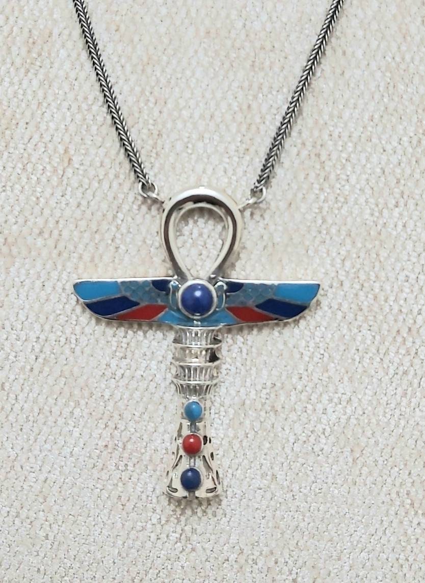 Royal Handmade Egyptian Sterling Silver 925 Royal Ankh Necklace - Thumbnail 4