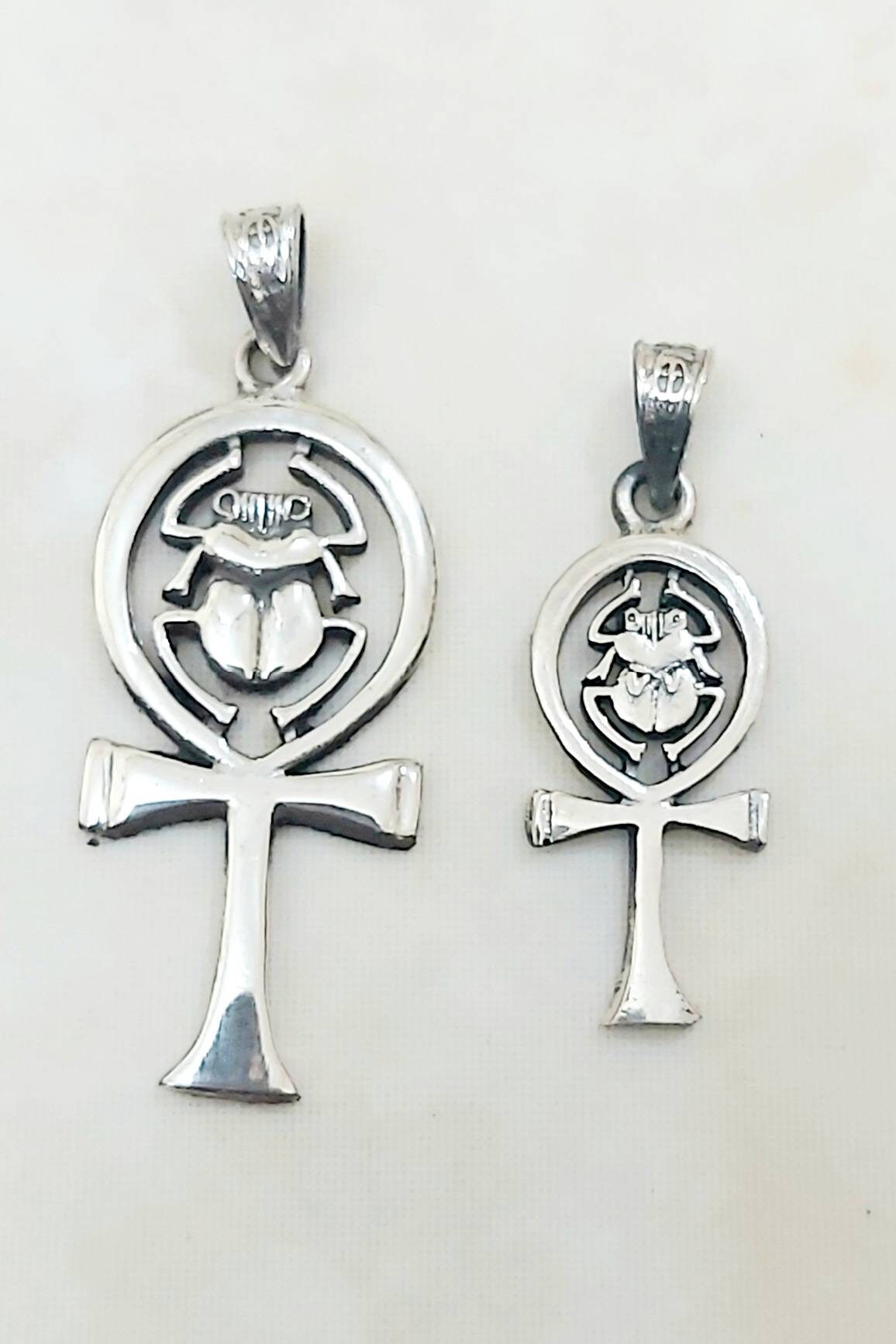 Egyptian Handmade Sterling Silver  925 Pendant Key of Life With Scarab