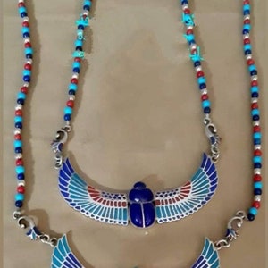 Egyptian Handmade Sterling Silver 925 Winged Scarab Necklace,Winged Beetle Khepri Necklace Wirh Gemstones