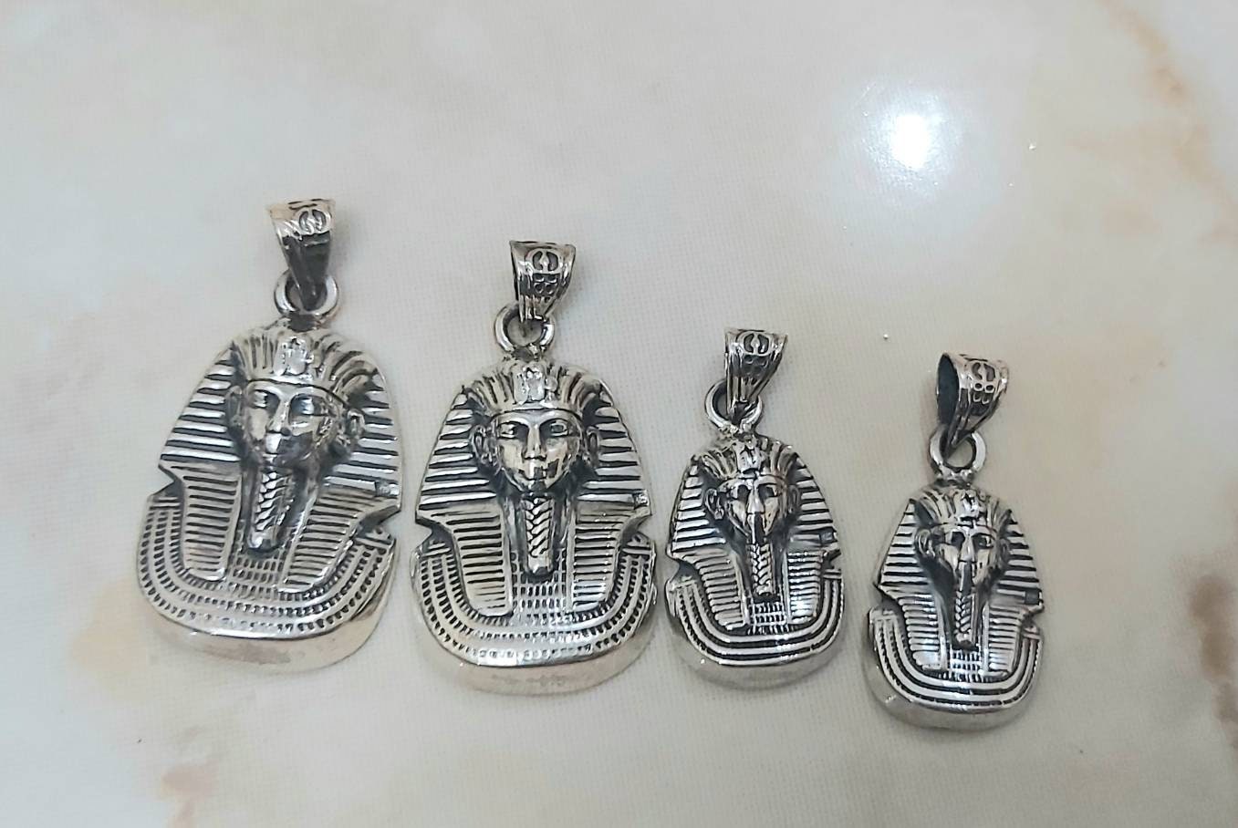 Handmade Egyptian Sterling Silver 925 Oxidized Tutankhamun Mask Pendant - Thumbnail 6
