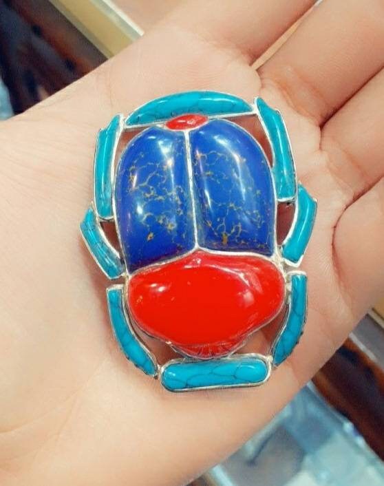 Egyptian Handmade Sterling Silver Scarab Pendant With Gemstone - Thumbnail 2