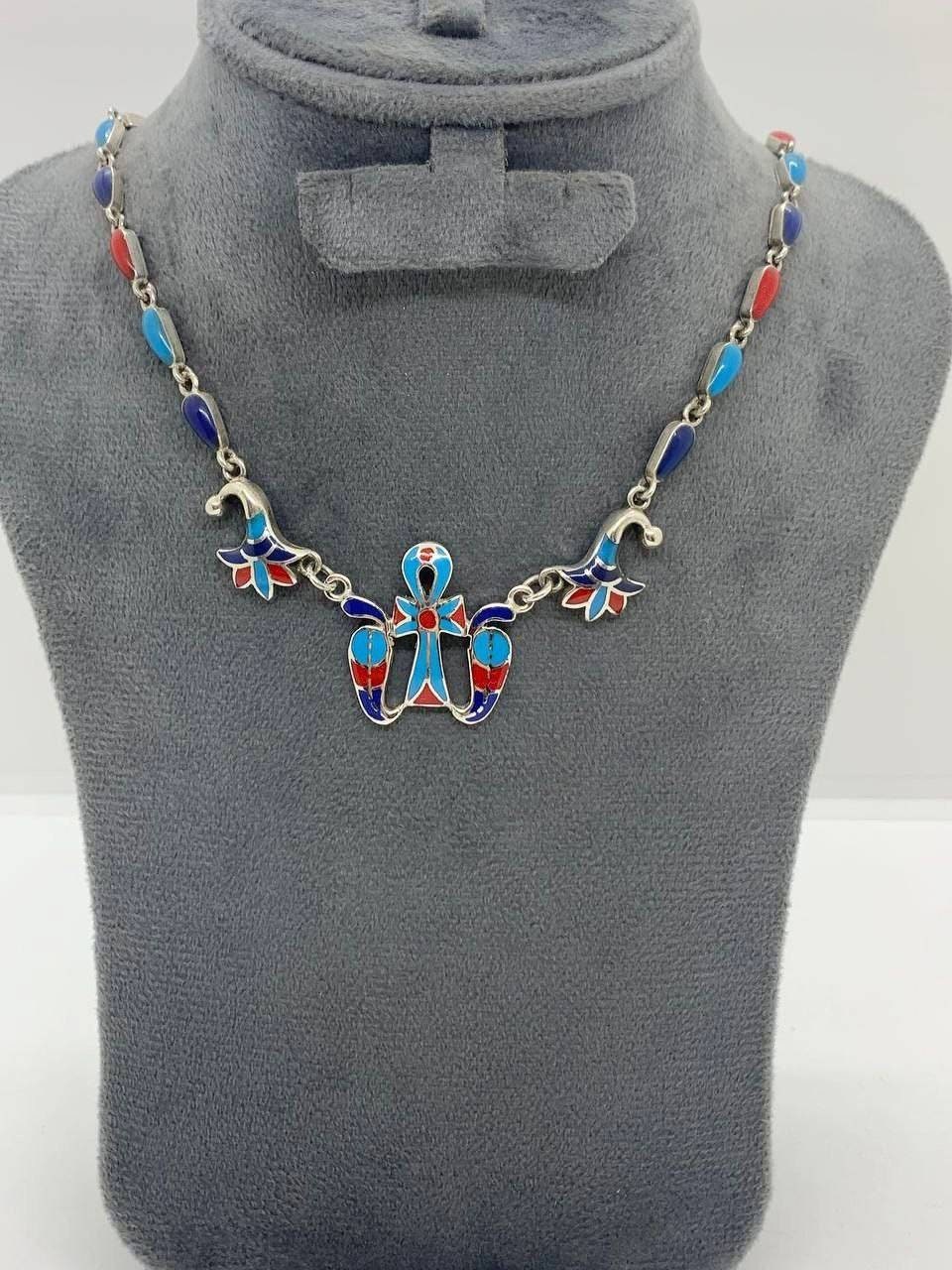 Handmade Egyptian Sterling Silver 925 Key of life With Double Sided Cobra and Lotus Necklace - Thumbnail 6