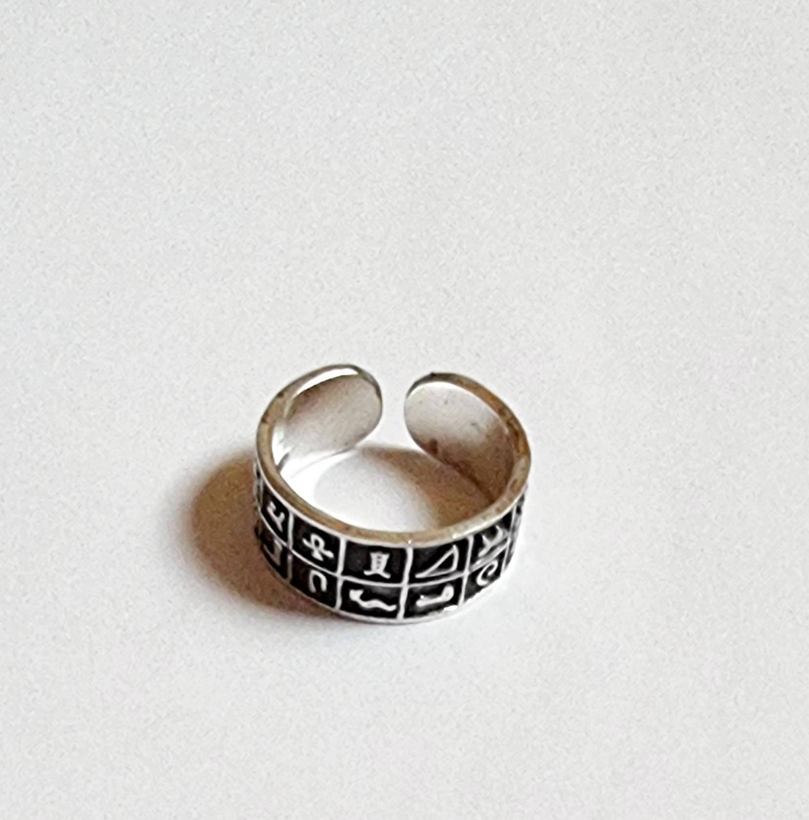 Egyptian Handmade 925 Oxidized Silver Alphabet Free Size Ring - Thumbnail 6