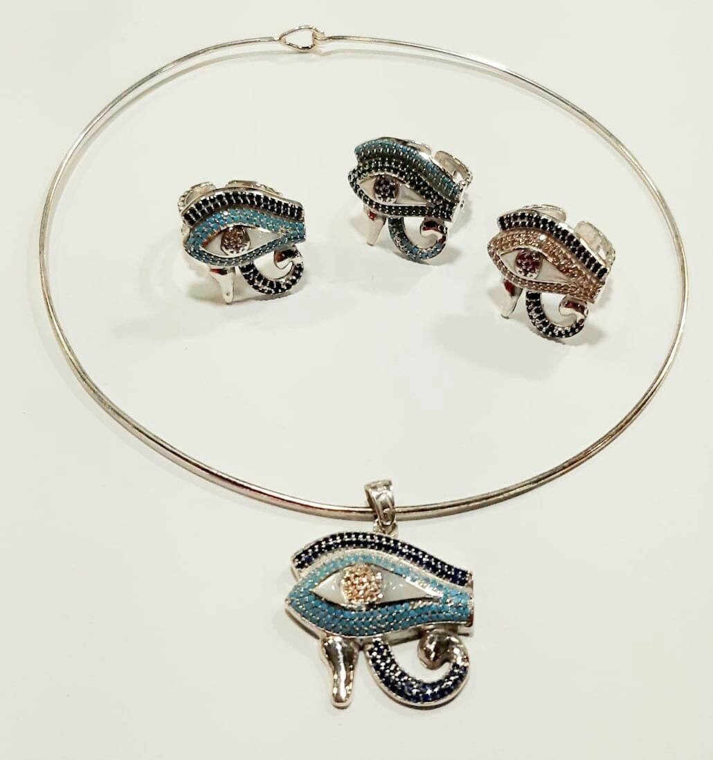 Handmade Egyptian Sterling 925 Silver Eye of Horus With Colorful Zircon Stones