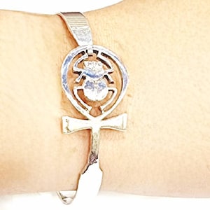 Handmade Silver 925 Ankh Cuff Bracelet: Egyptian Key of Life Beetle