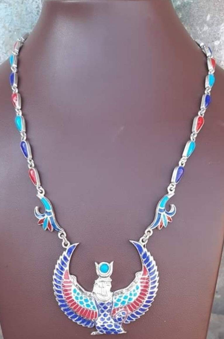 Egyptian Handmade Sterling Silver 925 Winged Goddess Isis Necklace - Thumbnail 5