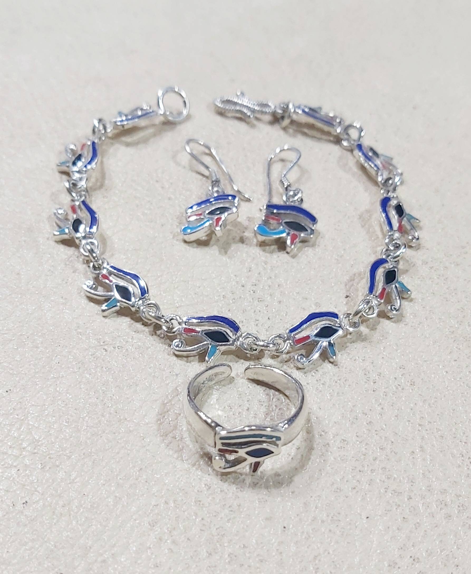 Egyptian Handmade Sterling Silver 925 Handmade Eye of Horus Bracelet And Earring And Free Size Ring