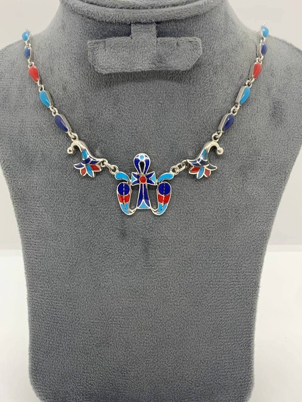 Handmade Egyptian Sterling Silver 925 Key of life With Double Sided Cobra and Lotus Necklace - Thumbnail 4