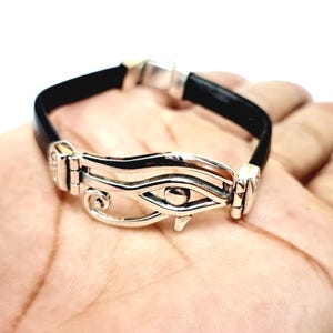 Handmade 925 Silver Eye of Horus Bracelet - Black Leather