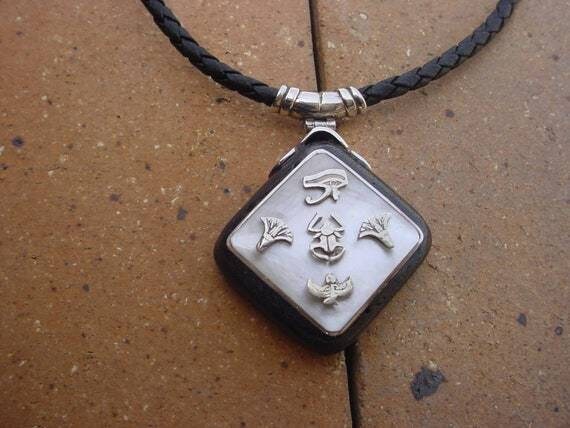 Egyptian Handmade Silver Necklace with Ebony and seashell in Hieroglyphic Symbols - Thumbnail 2