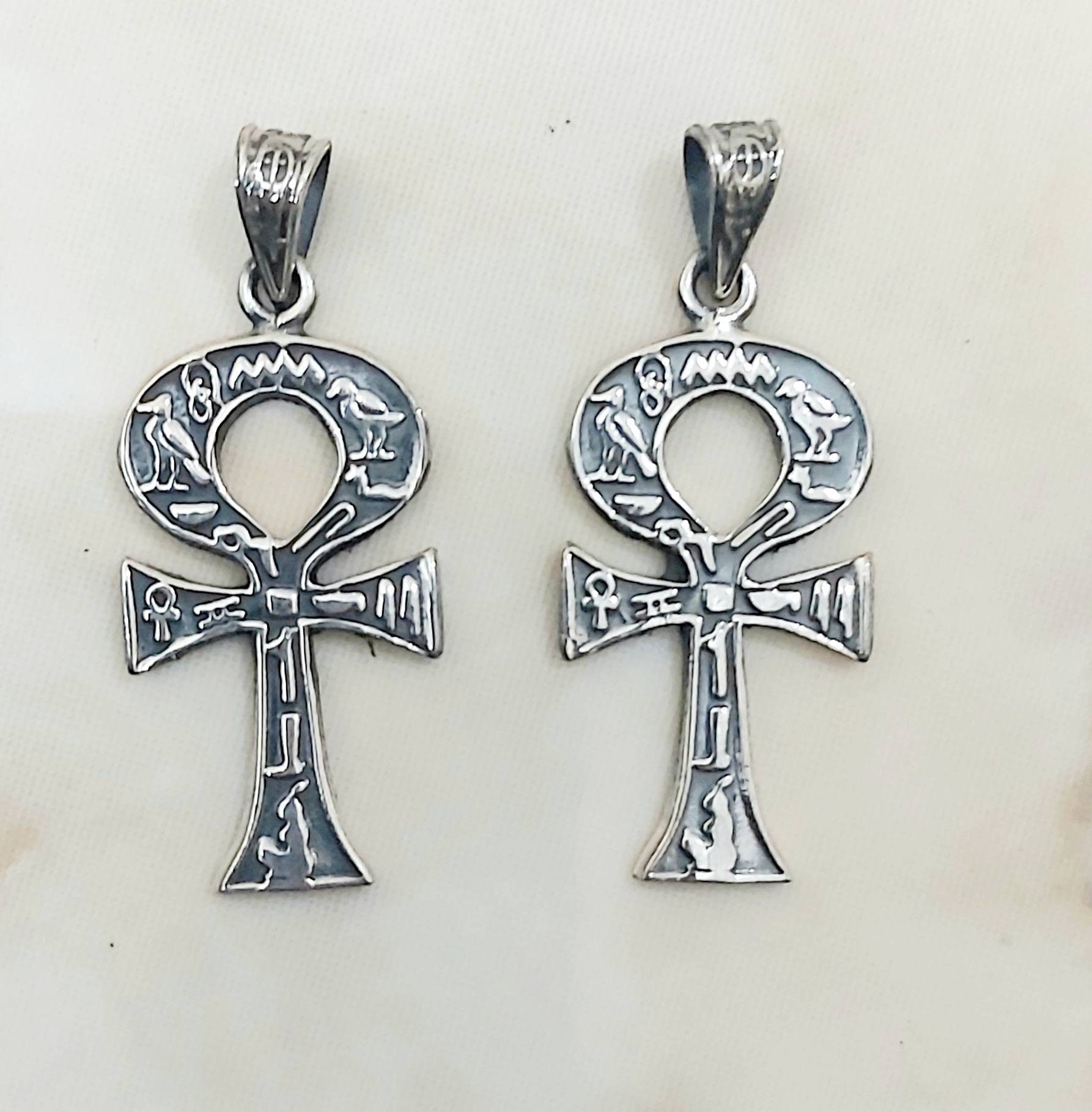 Handmade Egyptian Sterling Silver 925  Oxidized Hierogliphic Ankh