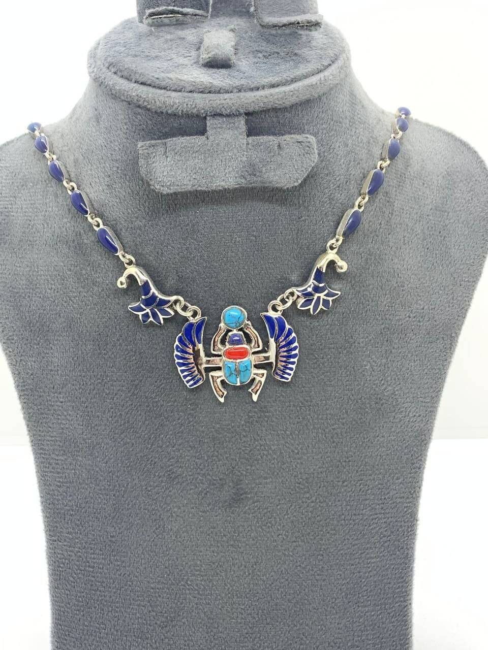 Handmade Egyptian Sterling Silver 925 Wingged Scarab With Lotus Chain Necklace - Thumbnail 4