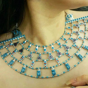 Handmade Egyptian Sterling Silver 925 Nefertiti Main Necklace With Natural Gemstones,Beetle Khepri Necklace