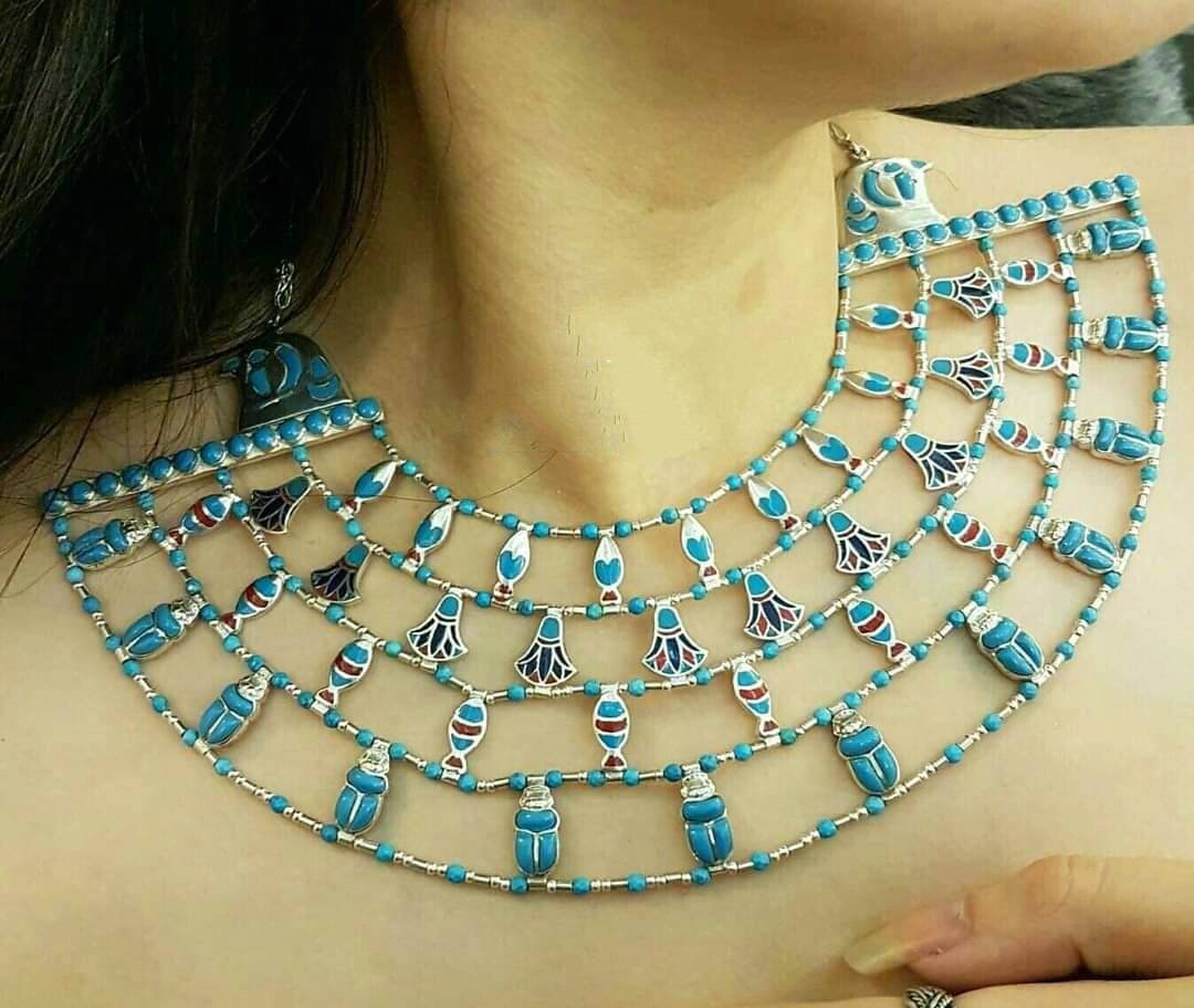 Handmade Egyptian Sterling Silver 925 Nefertiti Main Necklace With Natural Gemstones