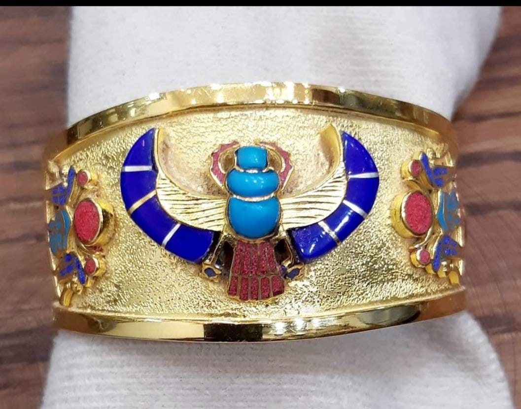 Handmade Egyptian Sterling Silver Cuff Scarab Bracelet With Natural  Stones