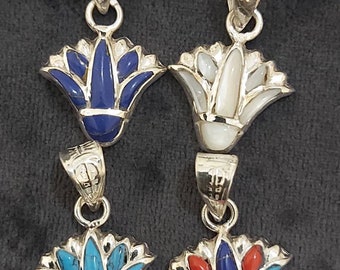 Pendentif égyptien fait main fleur de lotus en argent sterling 925 avec pierres précieuses
