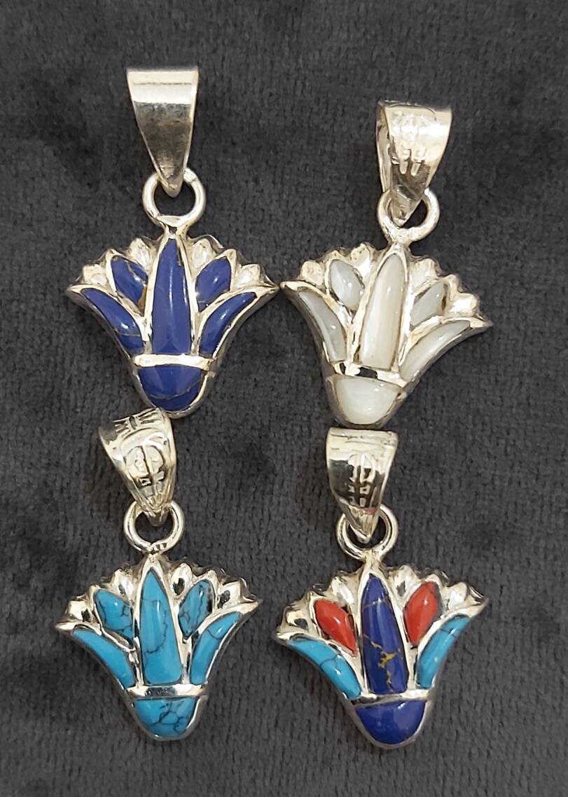 Egyptian Handmade Sterling Silver 925 Lotus Flower Pendant With Gemstones