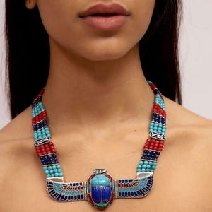 Egyptian Handmade Silver 925 Winged Scarab Necklace,Winged Beetle Khepri Necklace With Gemstones.