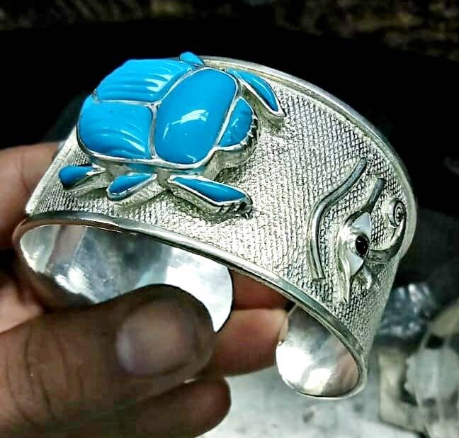 Egyptian Handmade Silver 925 Scarab Bracelet With Double Sided Eye of Horus With Gemstones,World Wide Shipping - Thumbnail 3