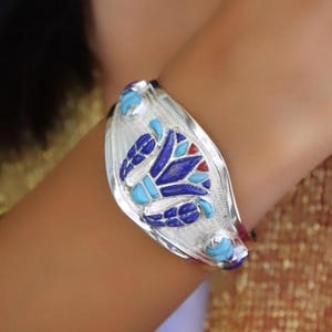 Egyptian Handmade Sterling Silver 925 Lotus Flower Bracelet With Cobra and  Natural Gemstones,Silver 925 Lotus Cuff Bracelet With Cobra