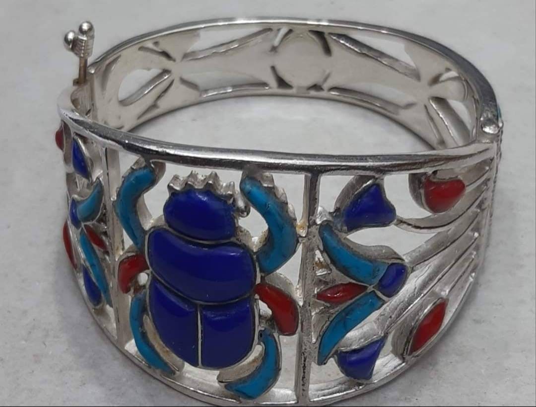 Egyptian Handmade Sterling Silver 925 Scarab With Lotus Flower Bracelet - Thumbnail 2