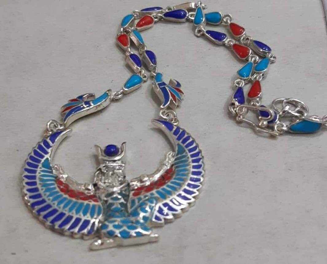Egyptian Handmade Sterling Silver 925 Winged Goddess Isis Necklace - Thumbnail 4