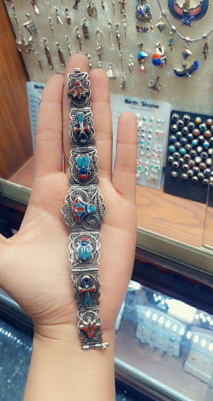 Handmade Egyptian Sterling Silver 925 Filigree Lotus And Scarab Bracelet - Thumbnail 3