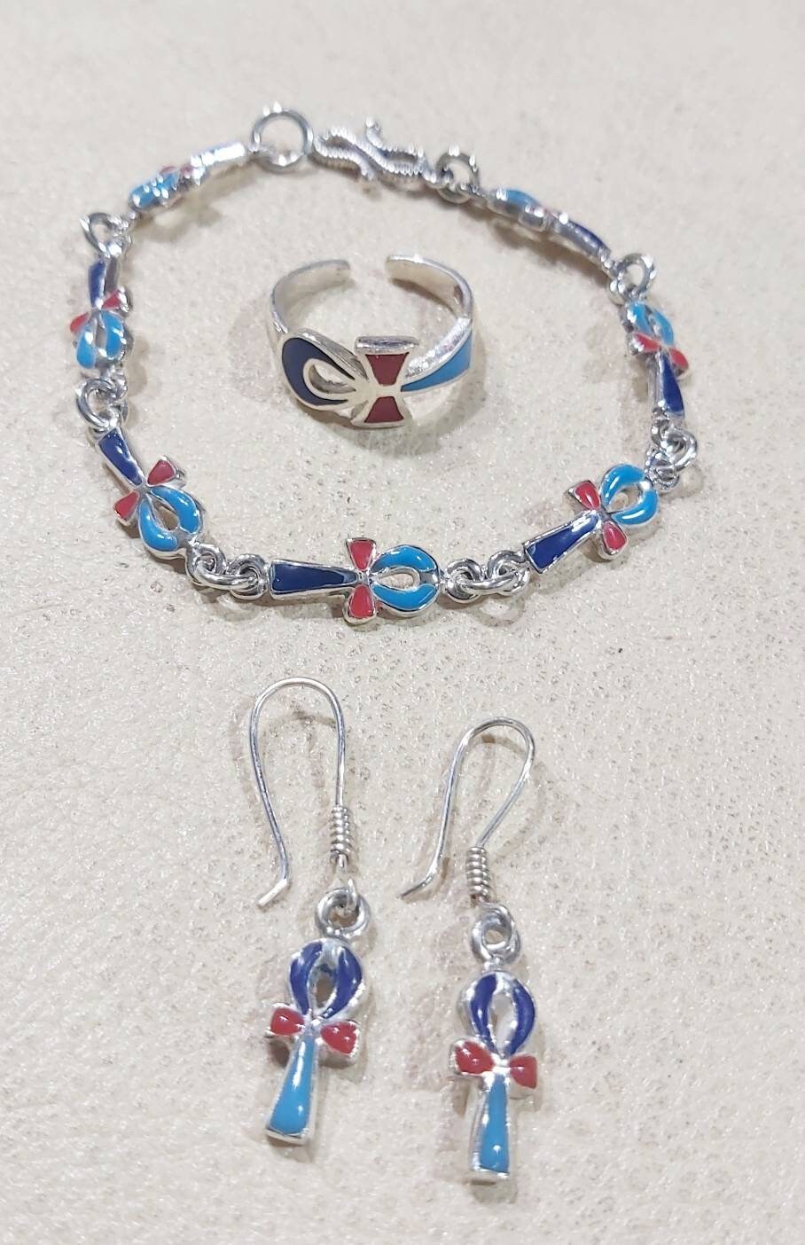 Handmade Egyptian Sterling Silver 925 Key of Life Jewlery Set( Earring-Bracelet-Ring) - Thumbnail 2