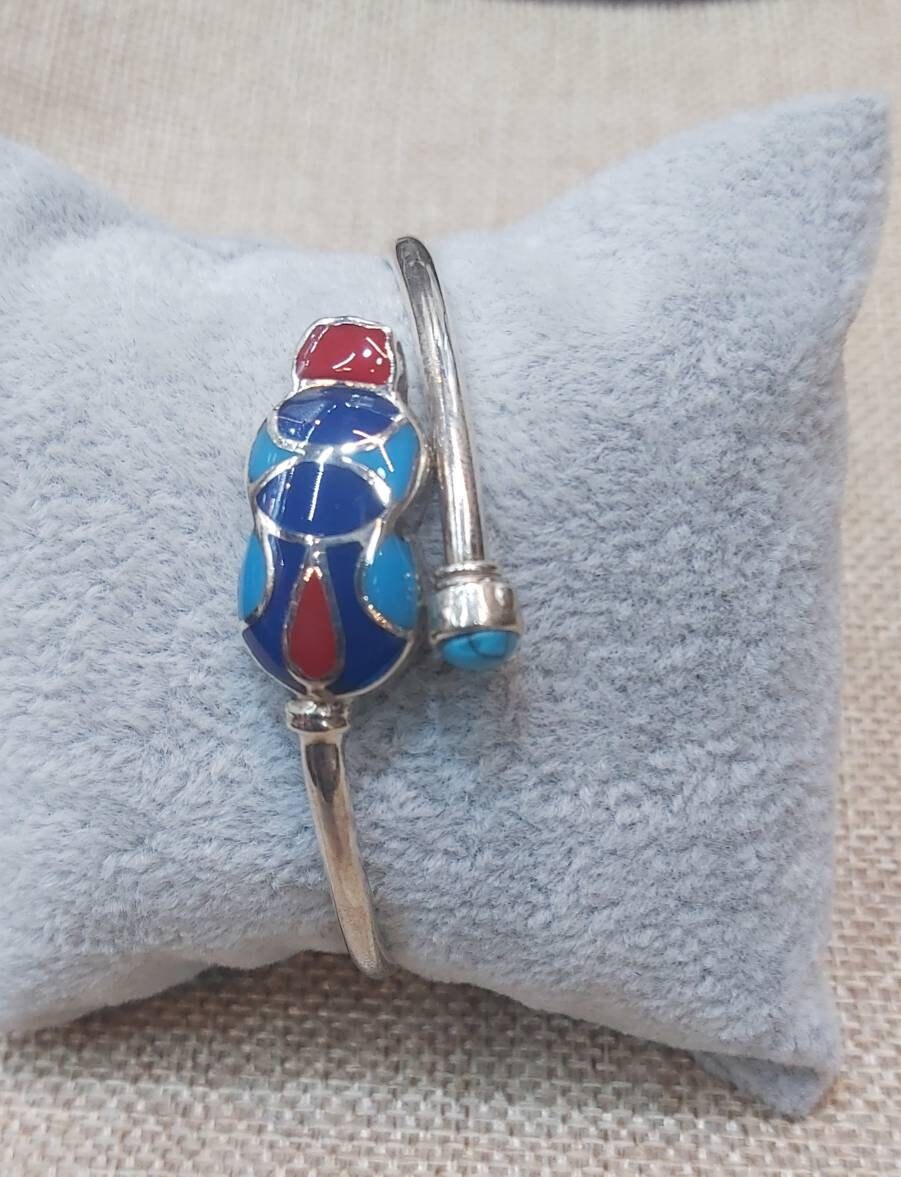 Handmade Egyptian Sterling Silver 925 Scarab Bracelet Bangel - Thumbnail 2
