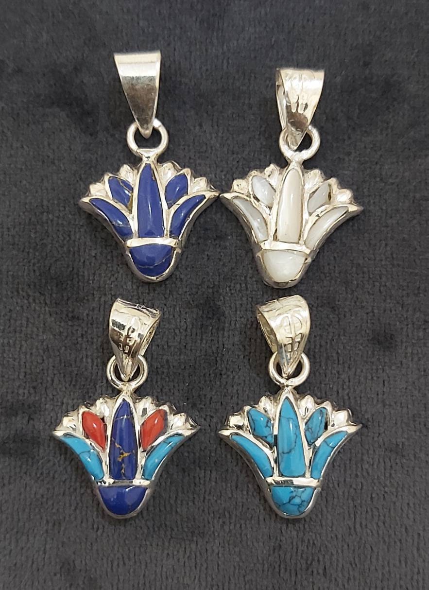 Egyptian Handmade Sterling Silver 925 Lotus Flower Pendant With Gemstones - Thumbnail 2